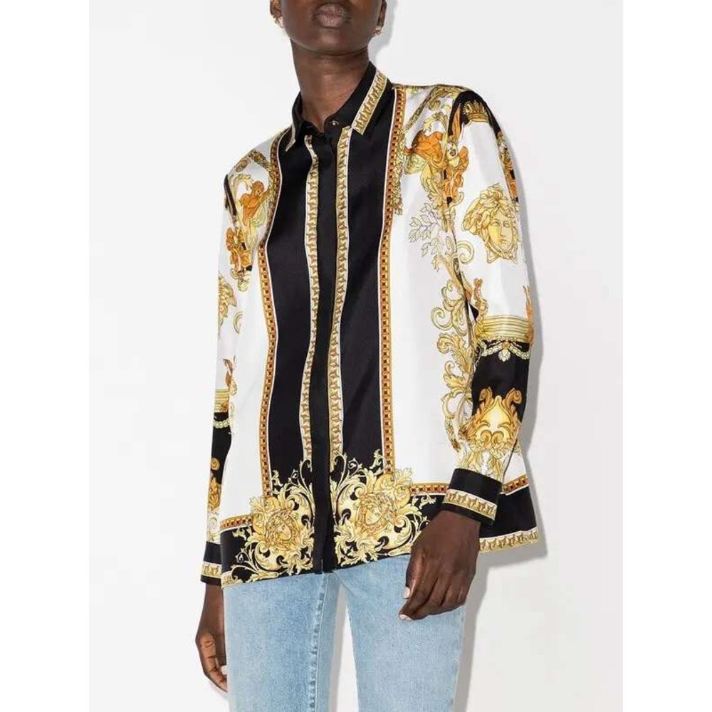 Versace Silk Medusa Renaissance Collared Long Sleeve Top Size 44 Medium